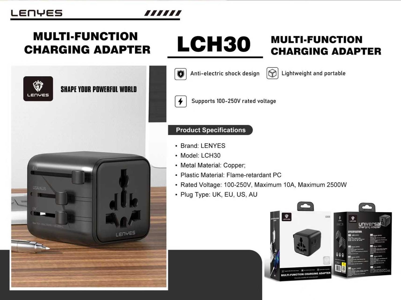 Adaptador de Viaje Universal Lenyes LCH30 2500W vista 3