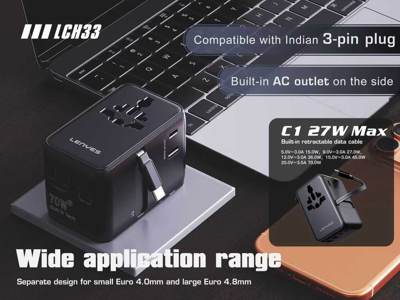 Adaptador de Viaje Universal Lenyes LCH33 GaN 70W vista 6