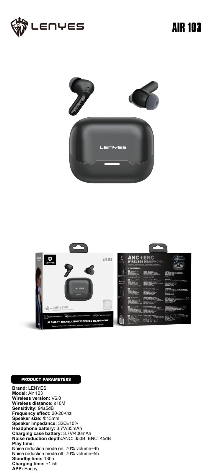 Lenyes AIR 103 TWS con Cancelación de Ruido ANC+ENC 28dB vista 3
