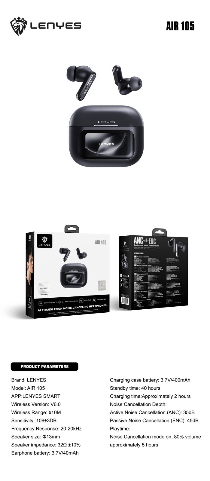 Lenyes AIR 105 AI TWS con Asistente Inteligente vista 3