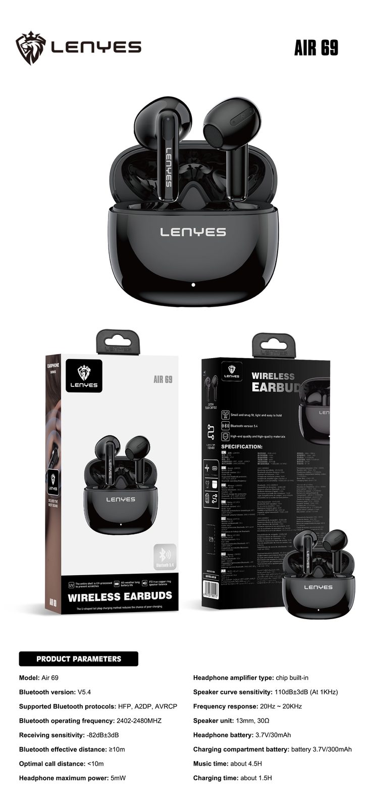 Lenyes AIR 69 TWS con Carga Magnética y Hi-Res Audio vista 1
