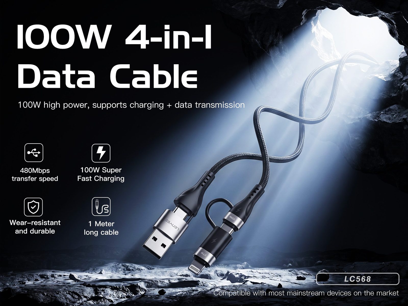 Cable 4en1 Lenyes LC568 100W PD Super Fast Charge vista 1