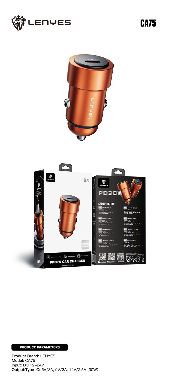 Cargador de Coche Lenyes CA75 PD30W vista 3