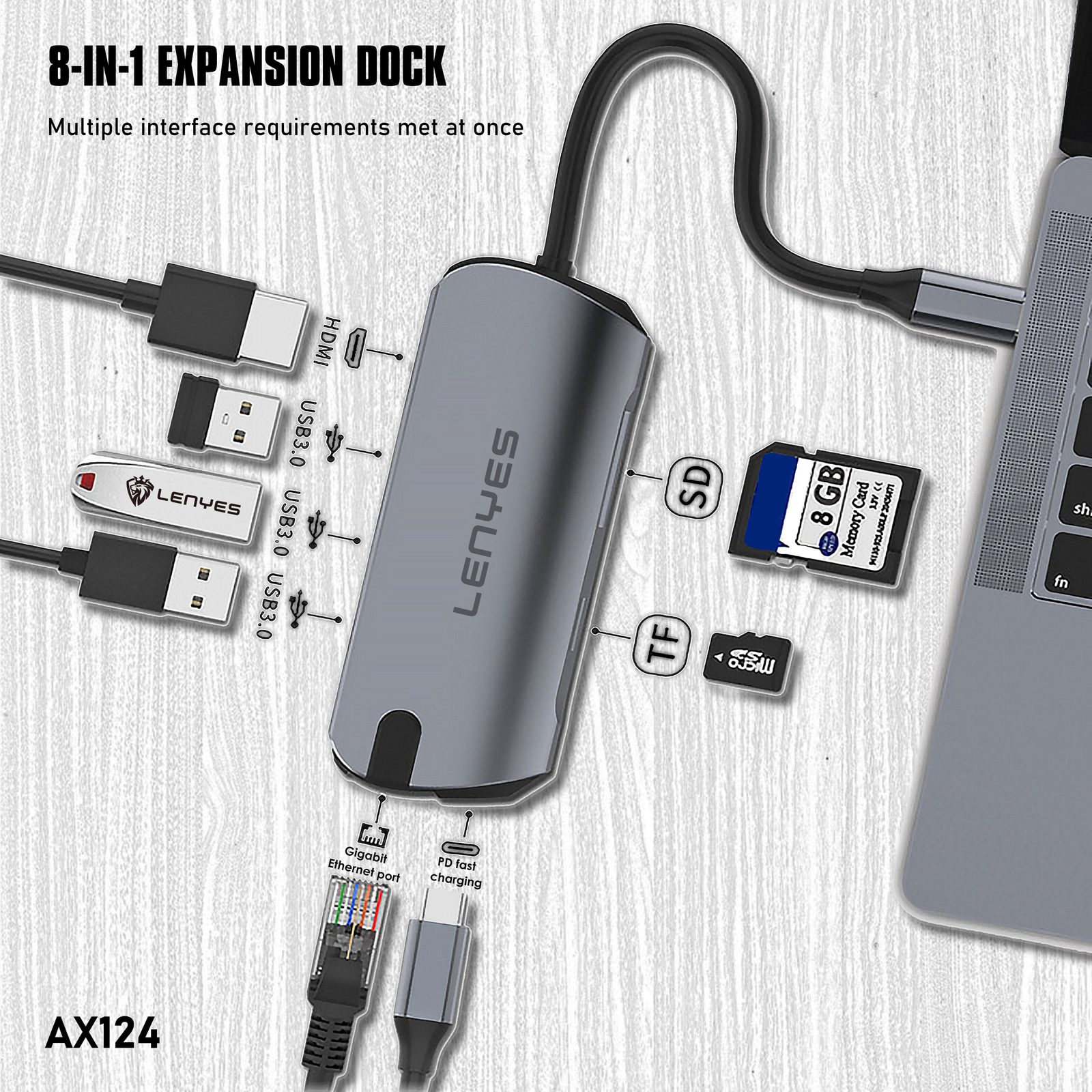 HUB Tipo-C Lenyes AX124 8en1 vista 3