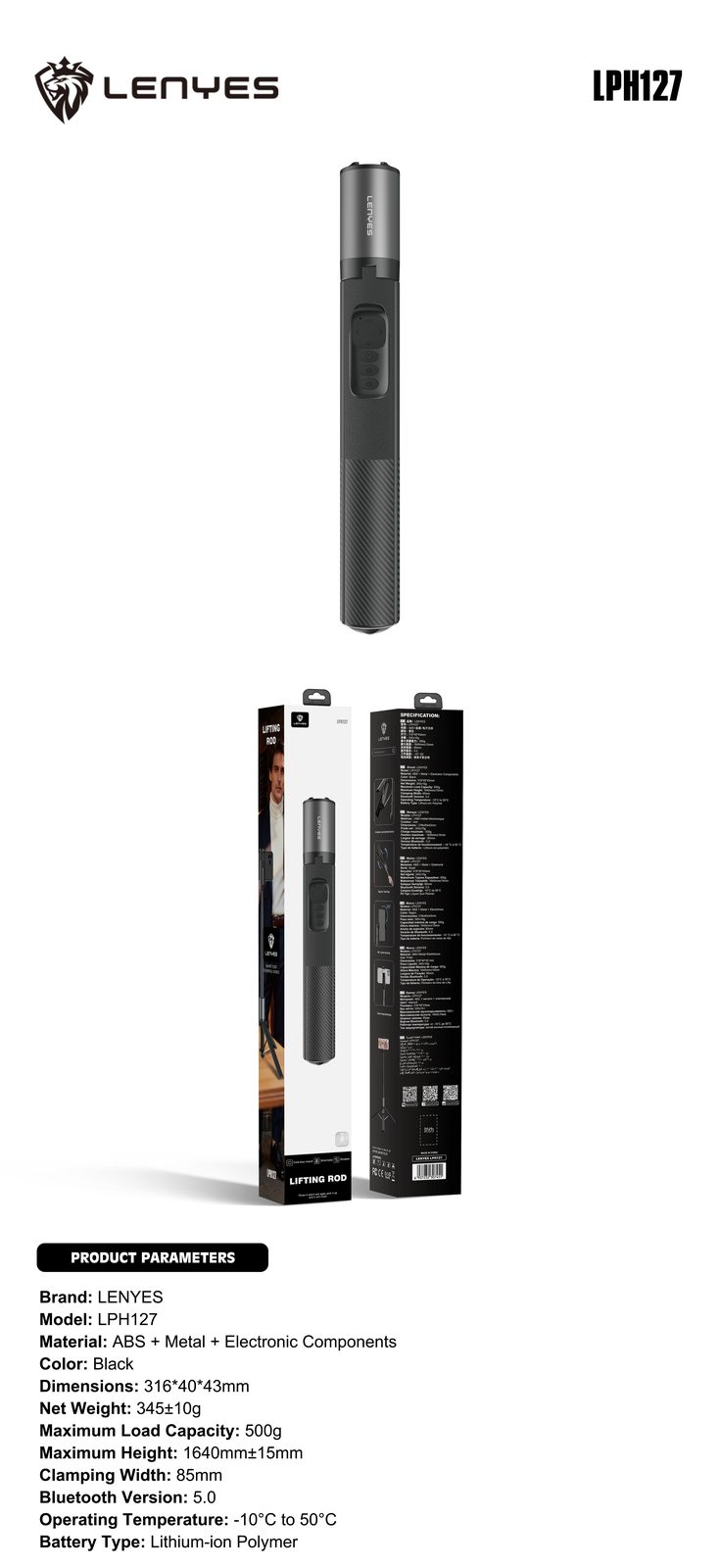Trípode y Selfie Stick Lenyes LPH127 160cm Zapata Fría vista 2